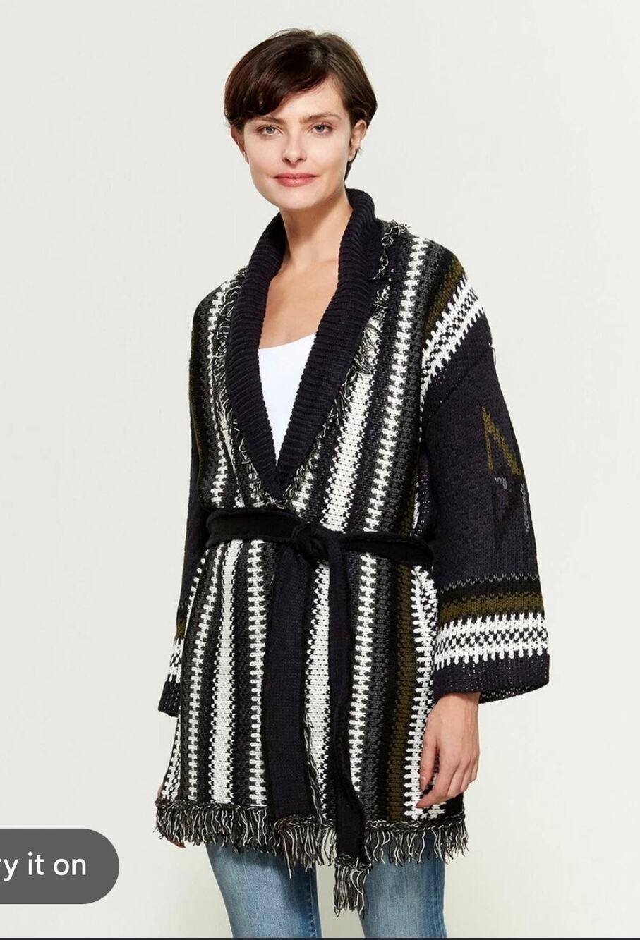 John + Jenn Anthropologie Fringed Tapestry Cardigan S/P Black Olive